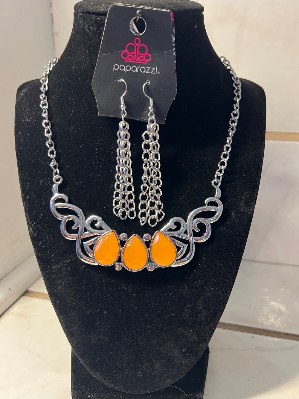 Paparazzi Silver-Tone Necklace with Orange Teardrop Accents and Chain Earrings